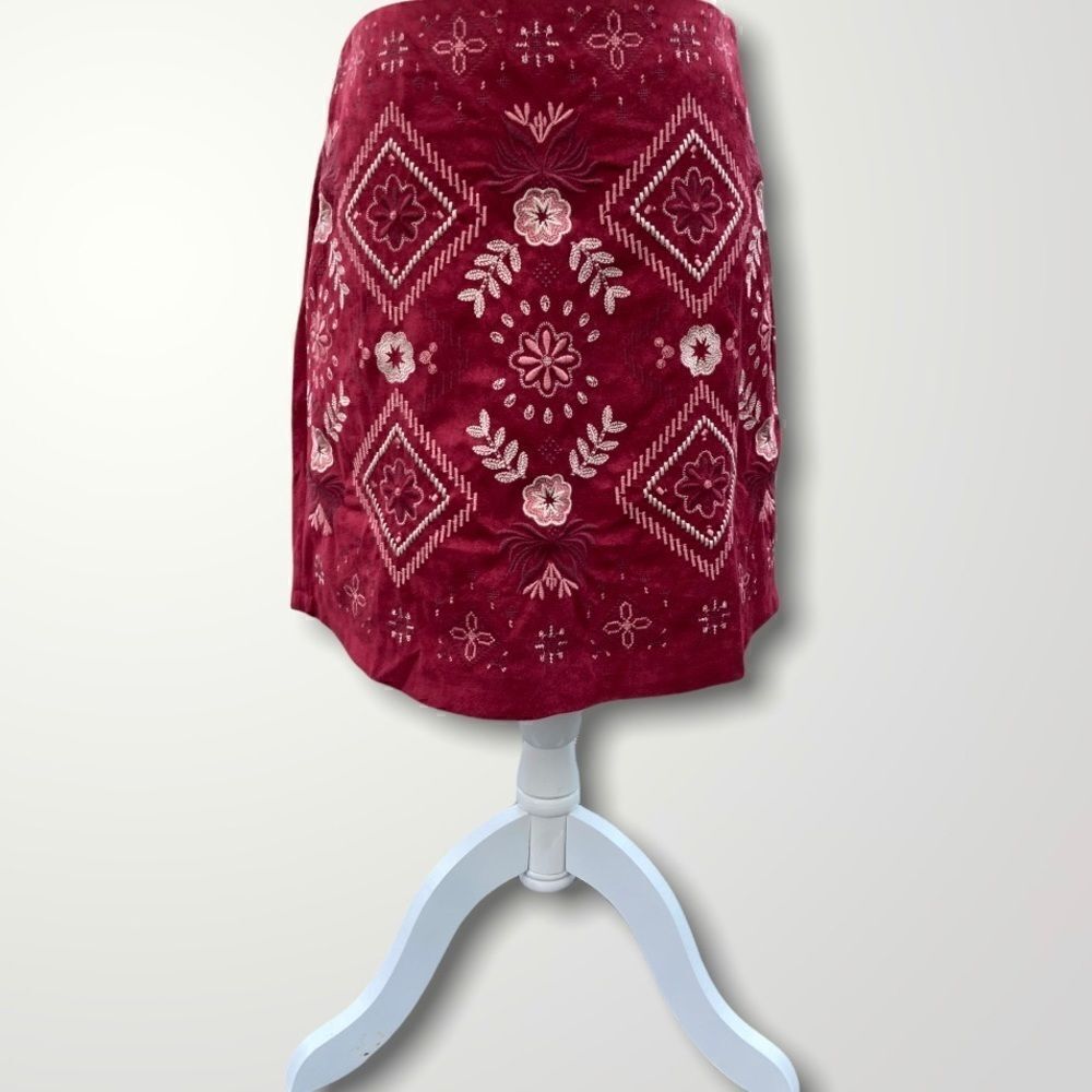 Miami, Embroidered & Lined Faux Suede Bohemian Mini Skirt, Burgundy & Multi, Med